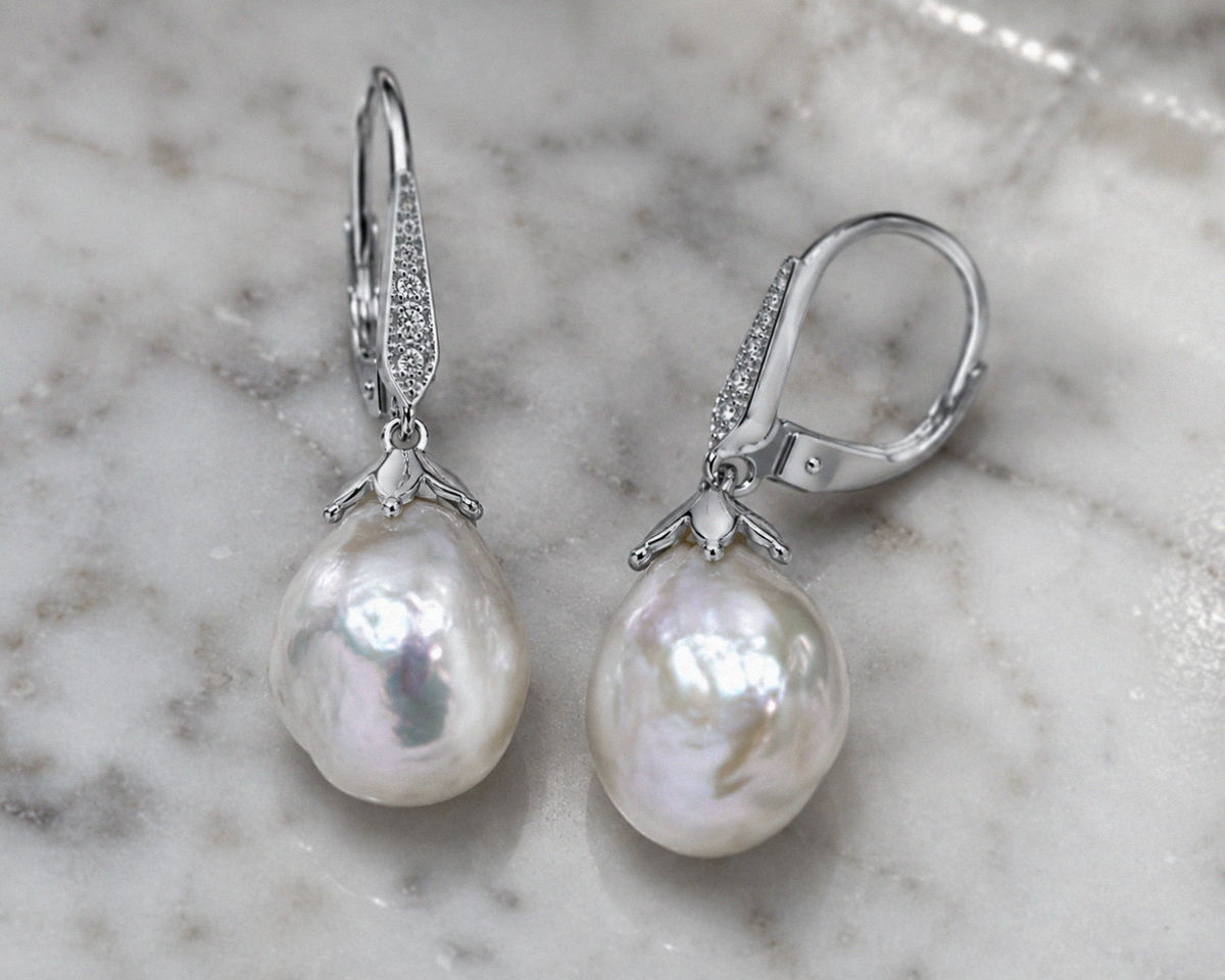 9ct White Gold Baroque Pearl & White Topaz Drop Earrings