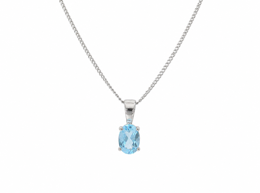 9ct White Gold Swiss Blue Topaz Oval Pendant Necklace