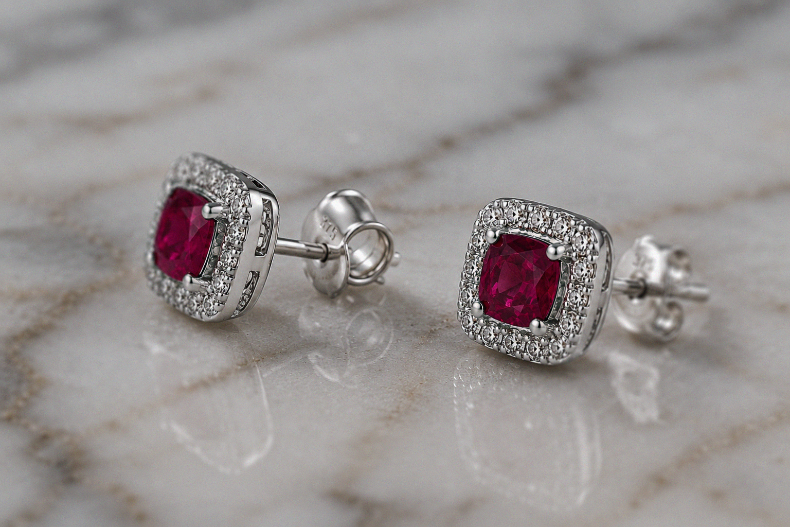 Cushion Cut Ruby & Diamond Halo Stud Earrings in 9ct White Gold