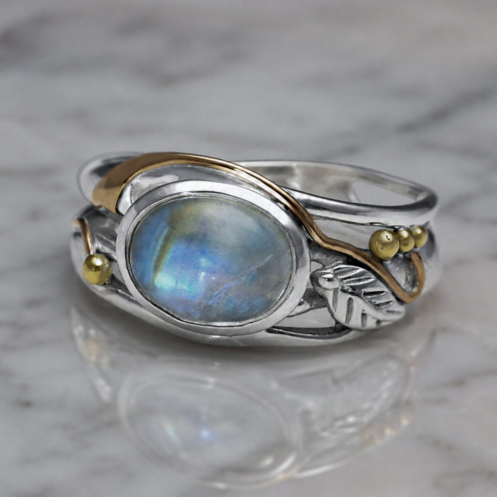 Sterling Silver Rainbow Moonstone Leaf Ring