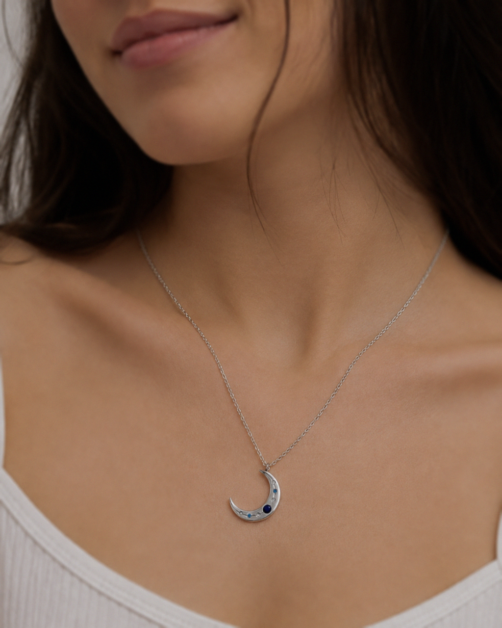 Sterling Silver Lapis & Cubic Zirconia Moon Necklace