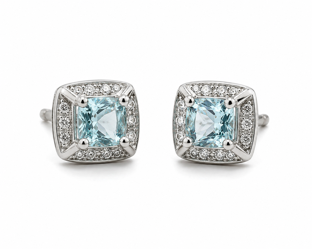 9ct White Gold Aquamarine & Diamond Stud Earrings