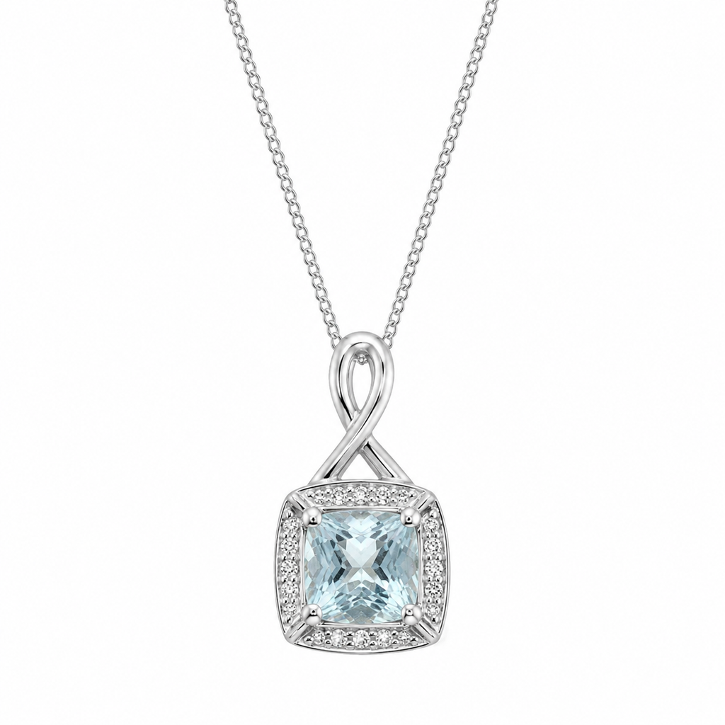 9ct White Gold Aquamarine & Diamond Twist Pendant with Diamond-Cut Curb Chain