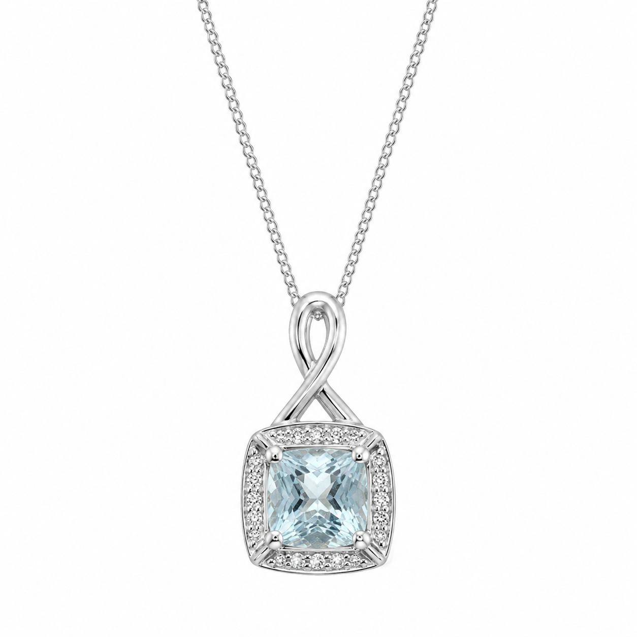 9ct White Gold Aquamarine & Diamond Twist Pendant with Diamond-Cut Curb Chain