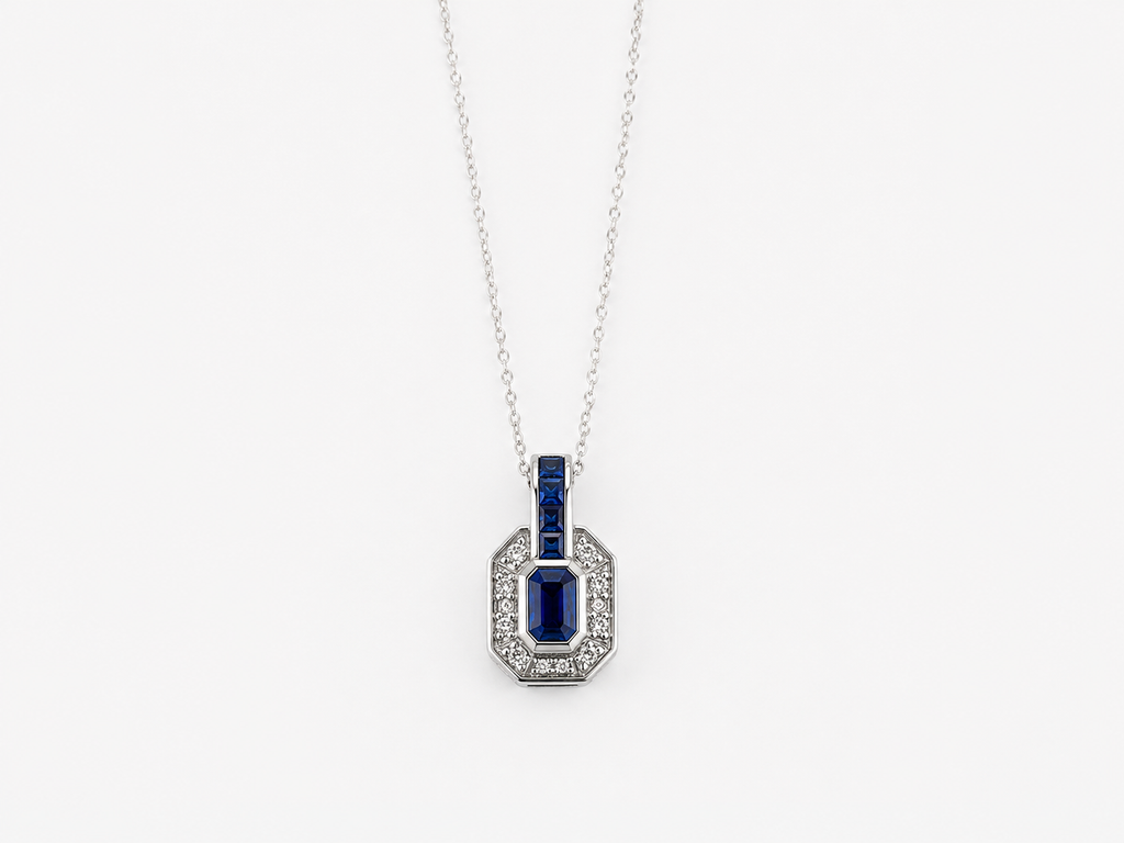 9ct White Gold Sapphire & Diamond Channel Necklace