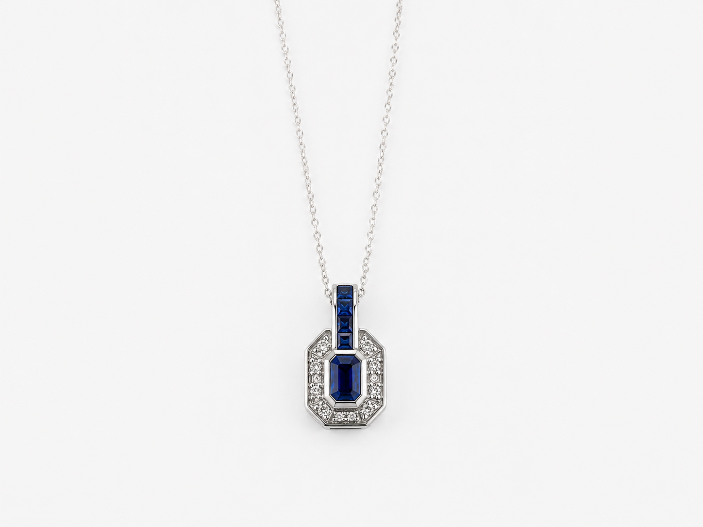 9ct White Gold Sapphire & Diamond Channel Necklace