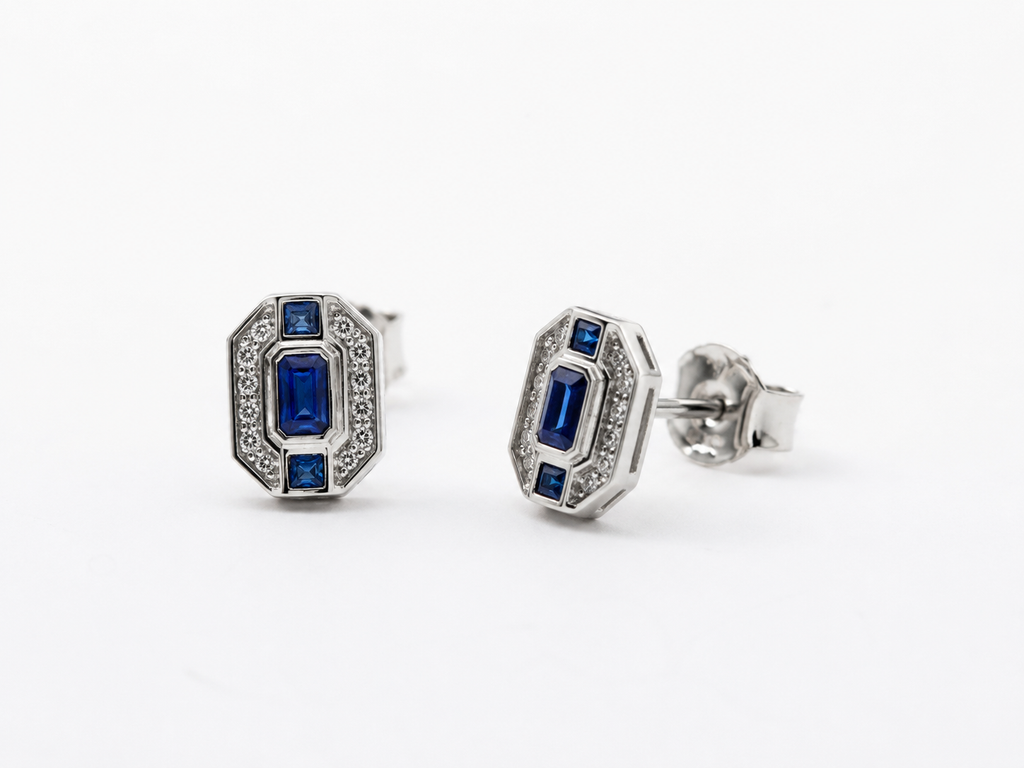 9ct White Gold Sapphire & Diamond Channel Stud Earrings