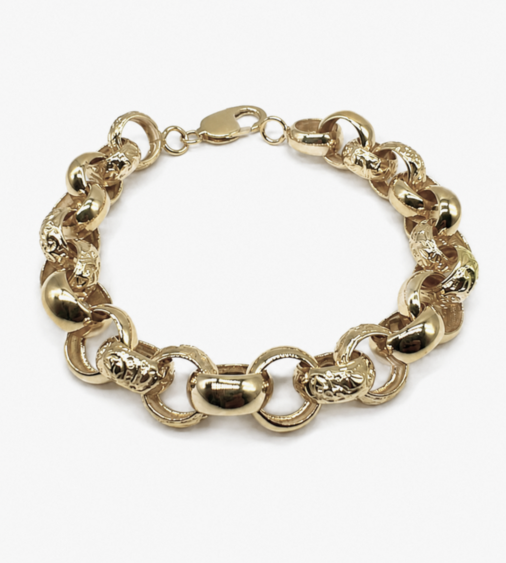 9ct Yellow Gold Engraved & Plain Belcher Bracelet – 13mm