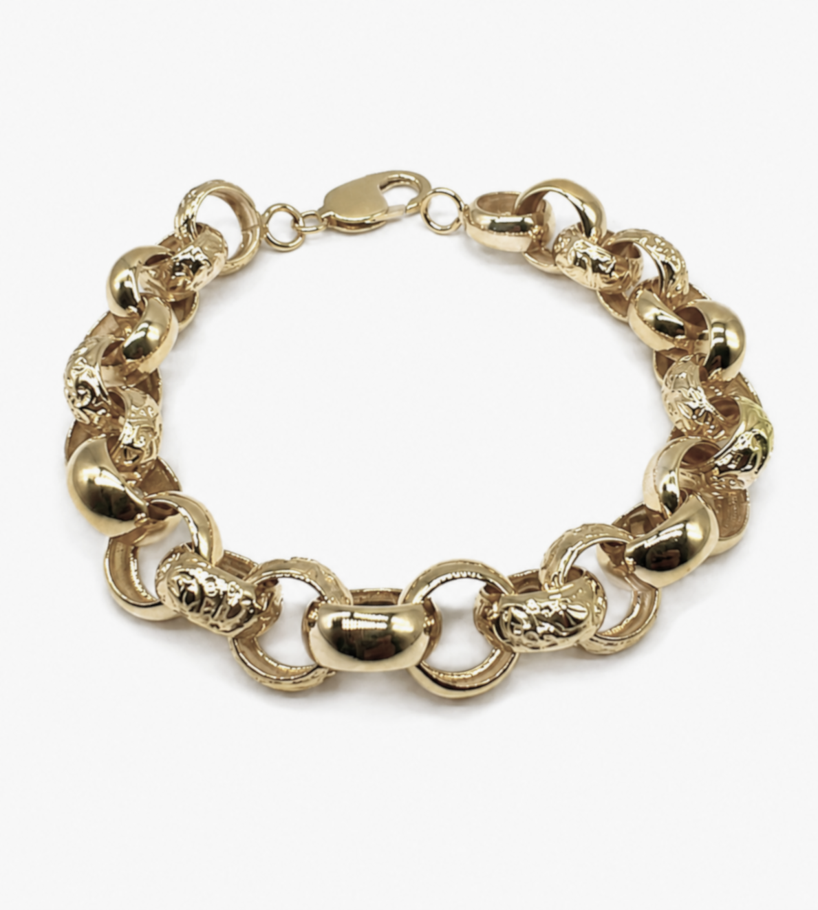 9ct Yellow Gold Engraved & Plain Belcher Bracelet – 13mm
