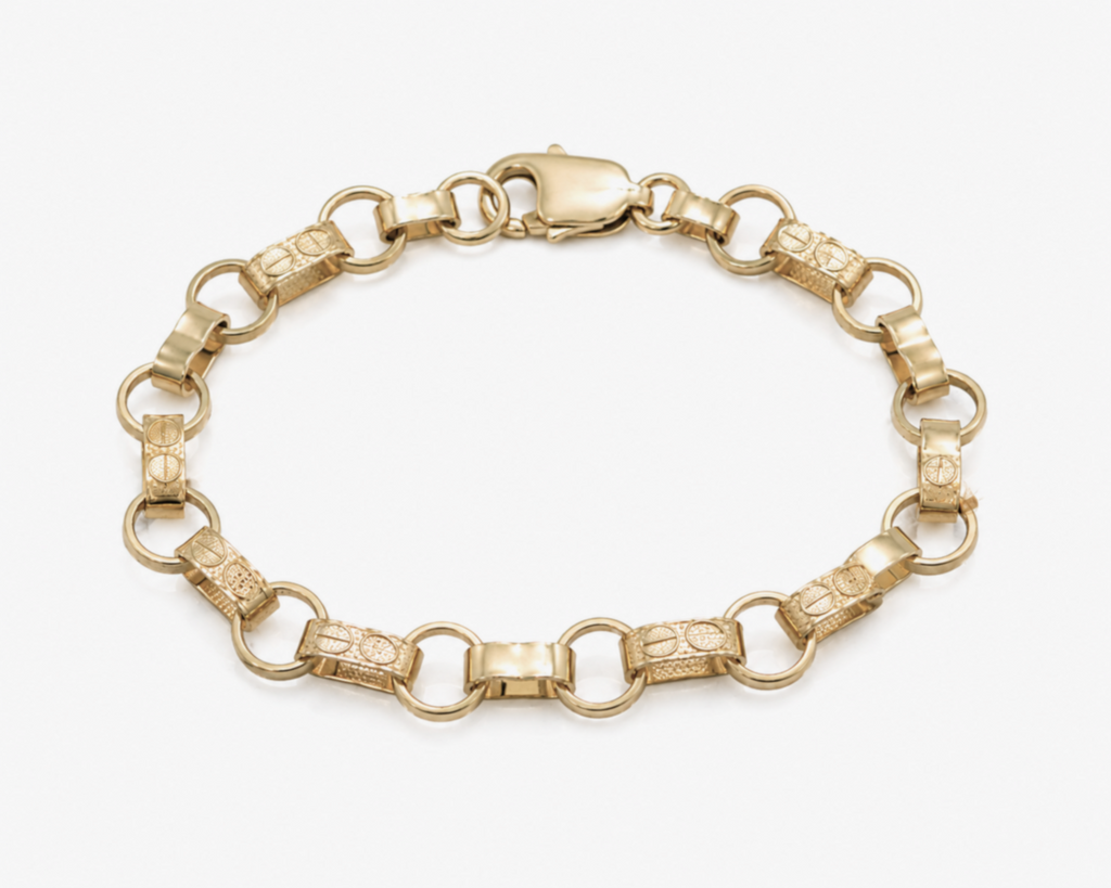 9ct Yellow Gold Engraved & Plain Belcher Bracelet – 6.5