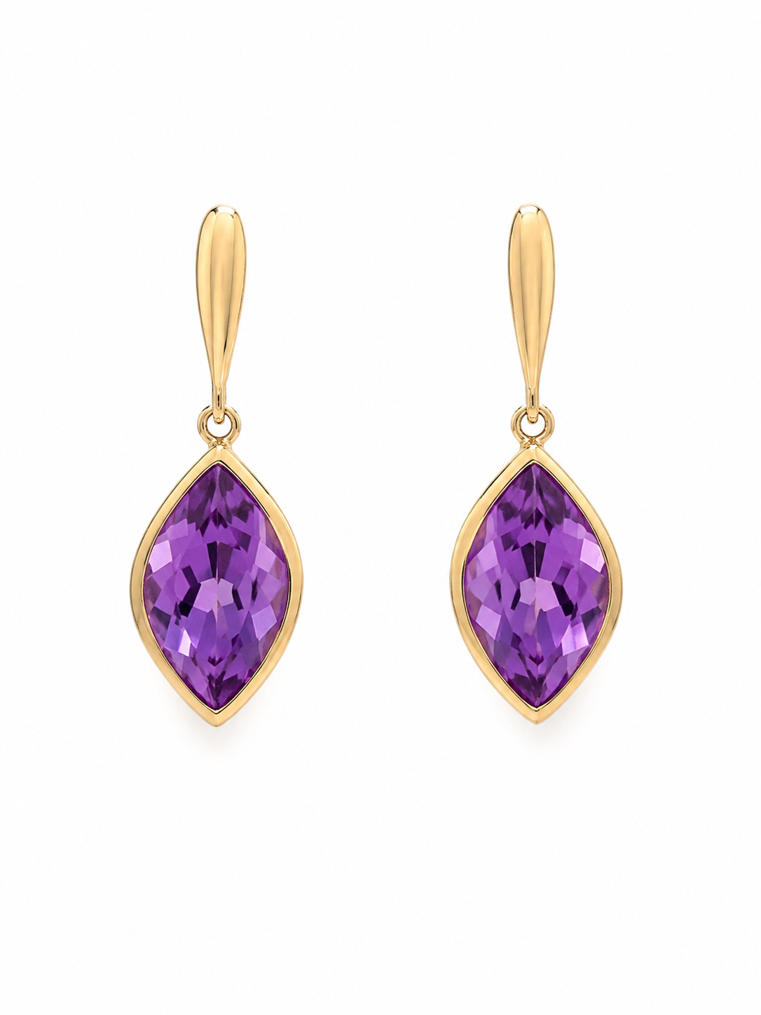 9ct Yellow Gold Flame Cut Amethyst Drop Earrings