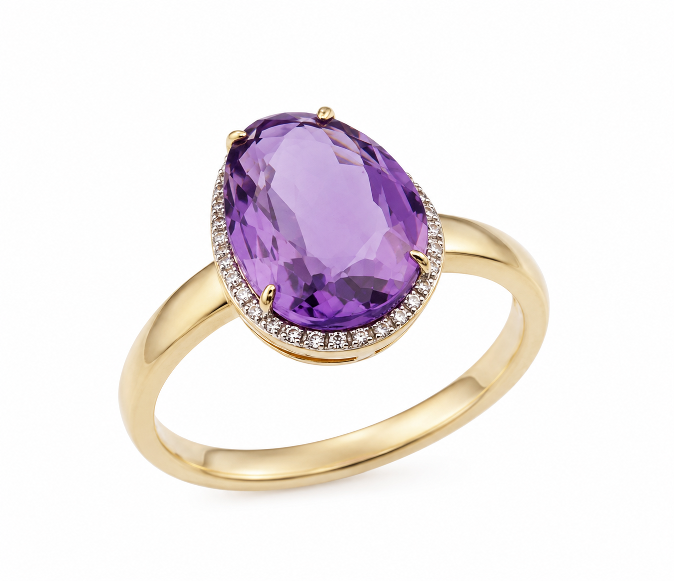 9ct Yellow Gold Irregular Amethyst Ring with Diamond Surround