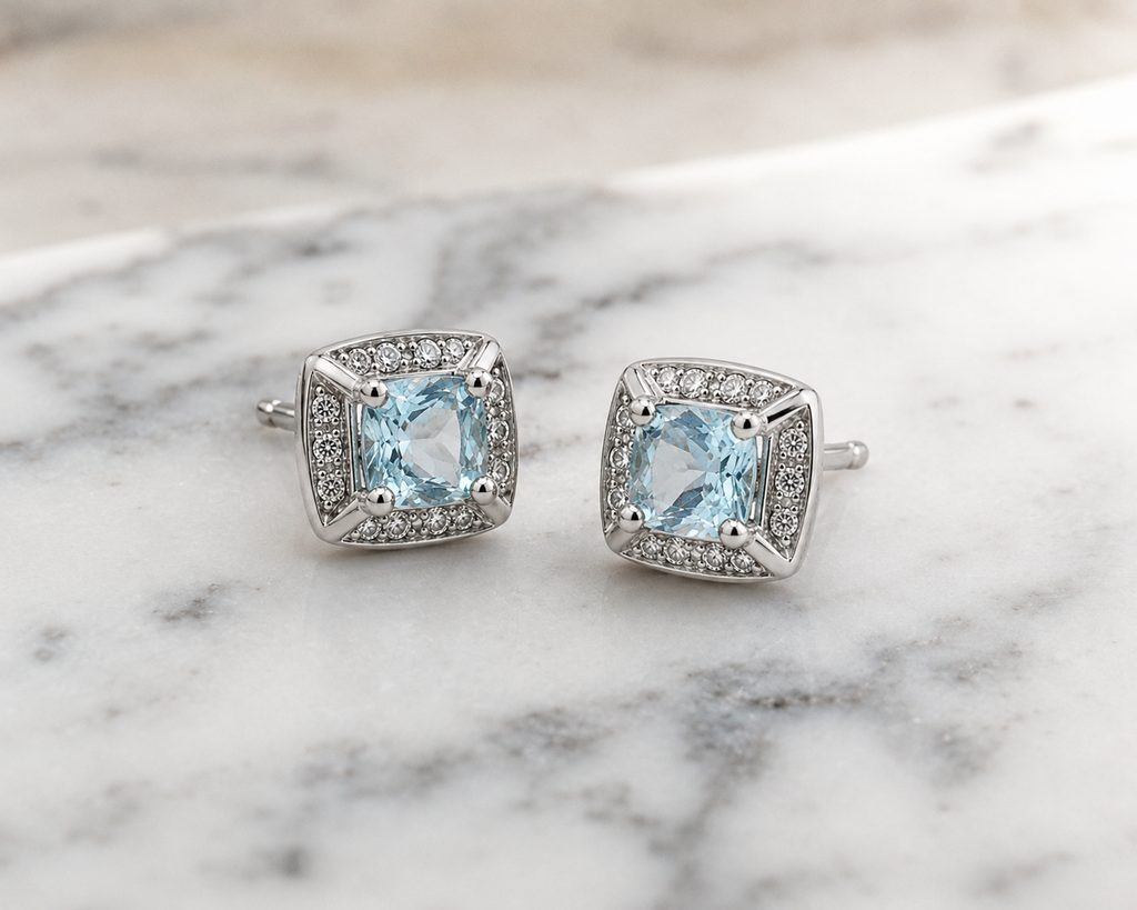 9ct White Gold Aquamarine & Diamond Stud Earrings