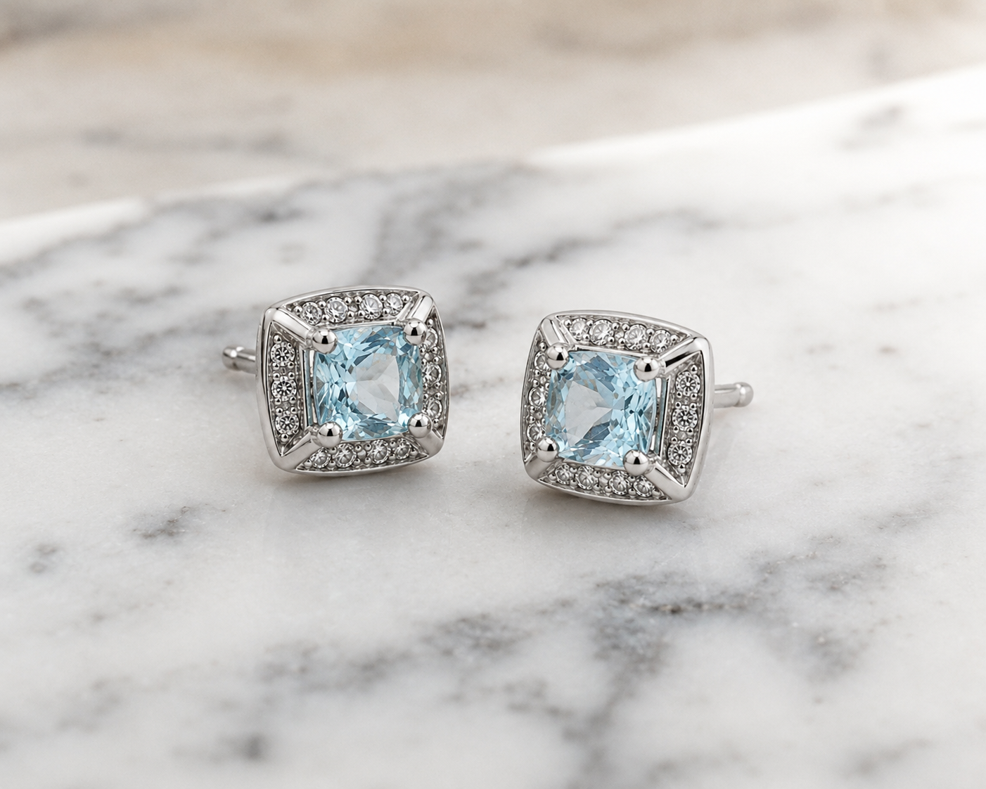 9ct White Gold Aquamarine & Diamond Stud Earrings
