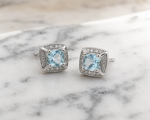 9ct White Gold Aquamarine & Diamond Stud Earrings