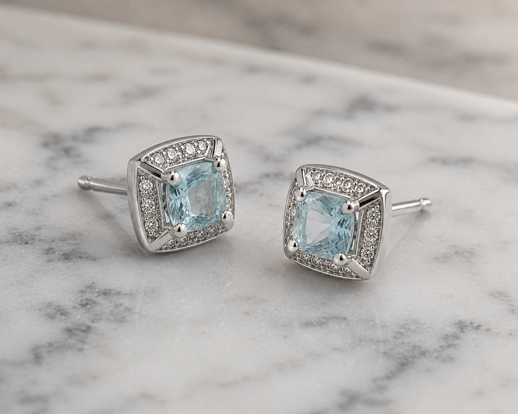9ct White Gold Aquamarine & Diamond Stud Earrings