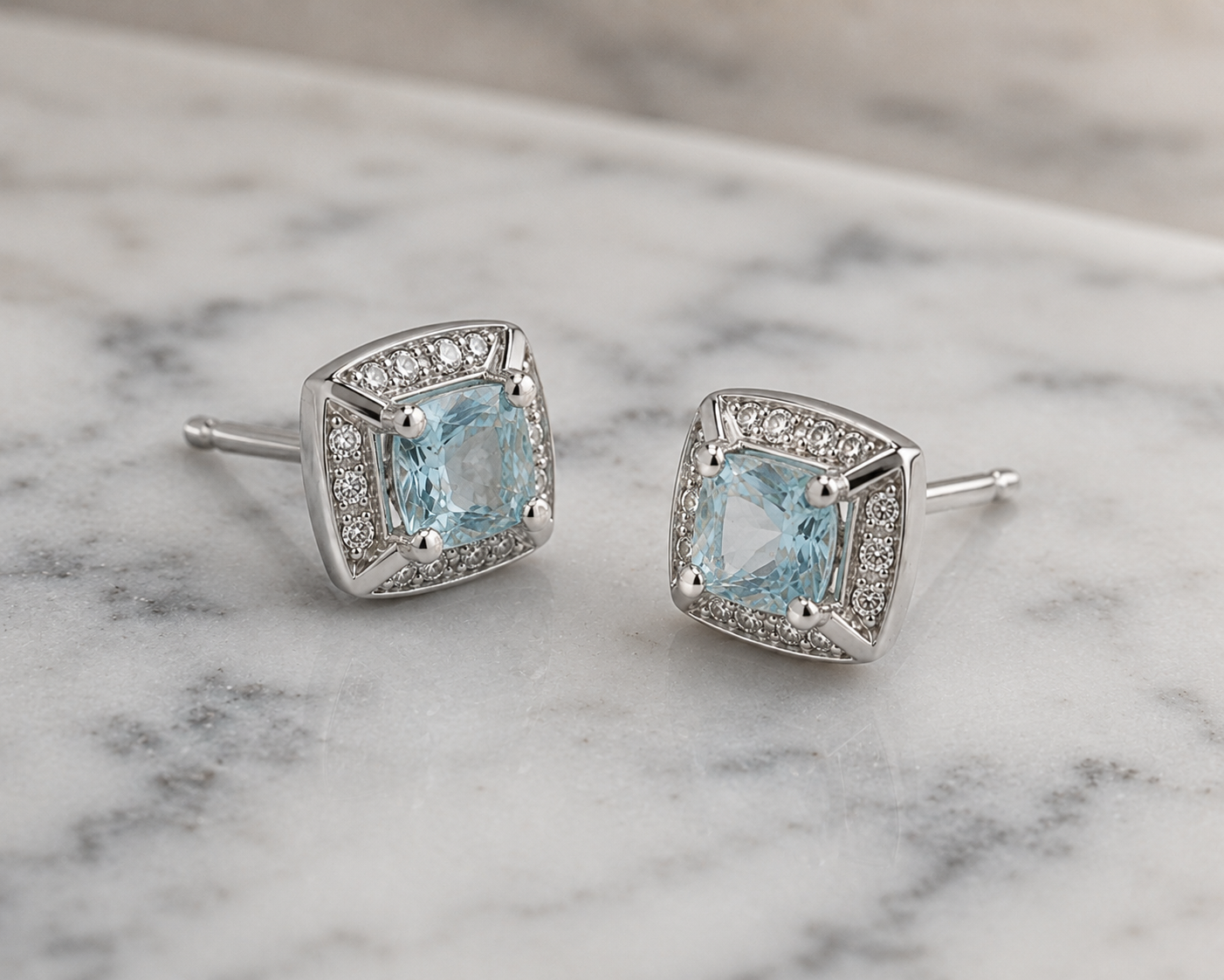 9ct White Gold Aquamarine & Diamond Stud Earrings
