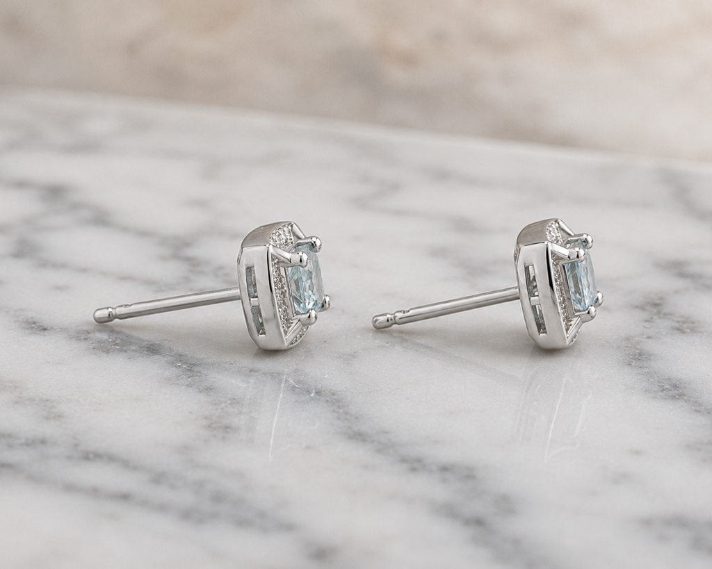 9ct White Gold Aquamarine & Diamond Stud Earrings