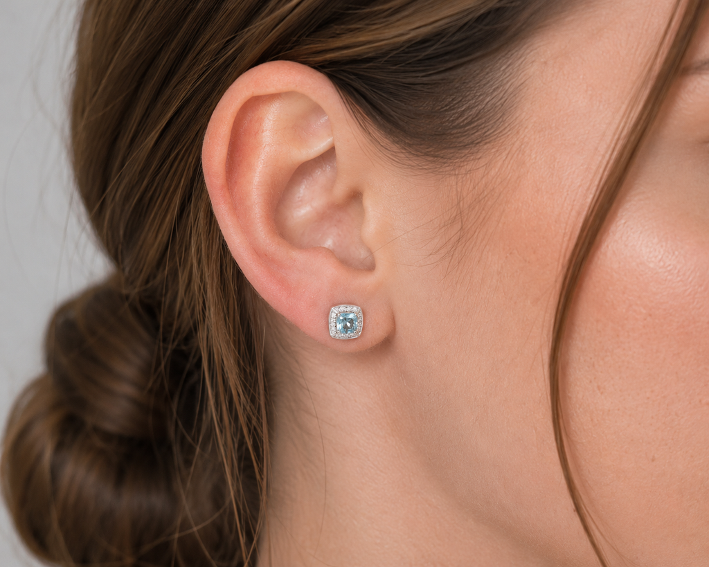 9ct White Gold Aquamarine & Diamond Stud Earrings