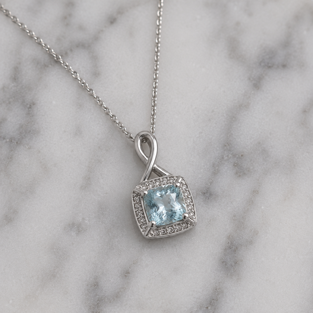 9ct White Gold Aquamarine & Diamond Twist Pendant with Diamond-Cut Curb Chain