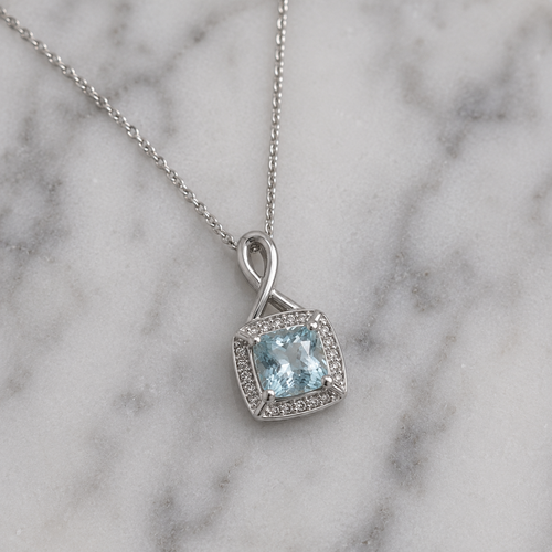 9ct White Gold Aquamarine & Diamond Twist Pendant with Diamond-Cut Curb Chain