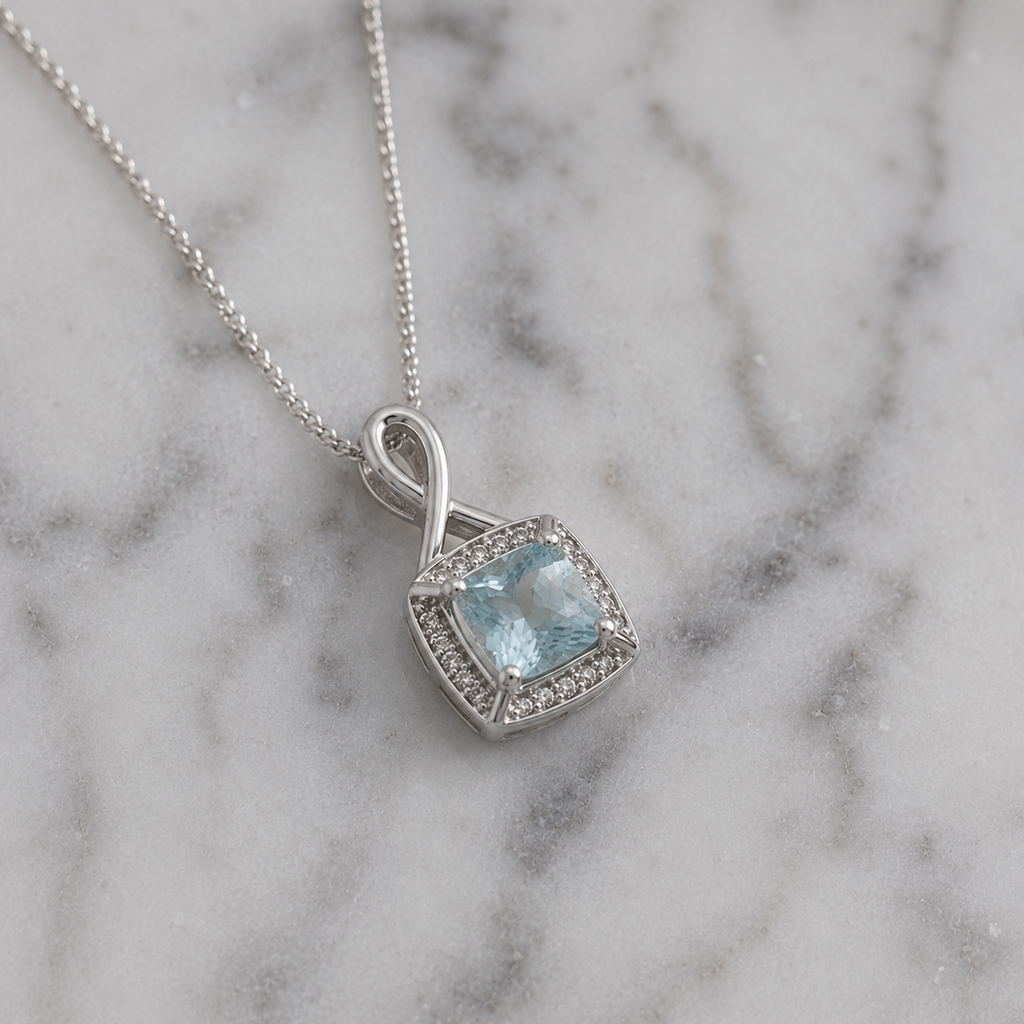 9ct White Gold Aquamarine & Diamond Twist Pendant with Diamond-Cut Curb Chain