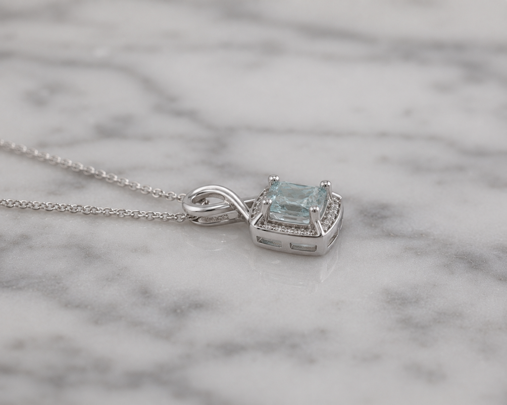 9ct White Gold Aquamarine & Diamond Twist Pendant with Diamond-Cut Curb Chain