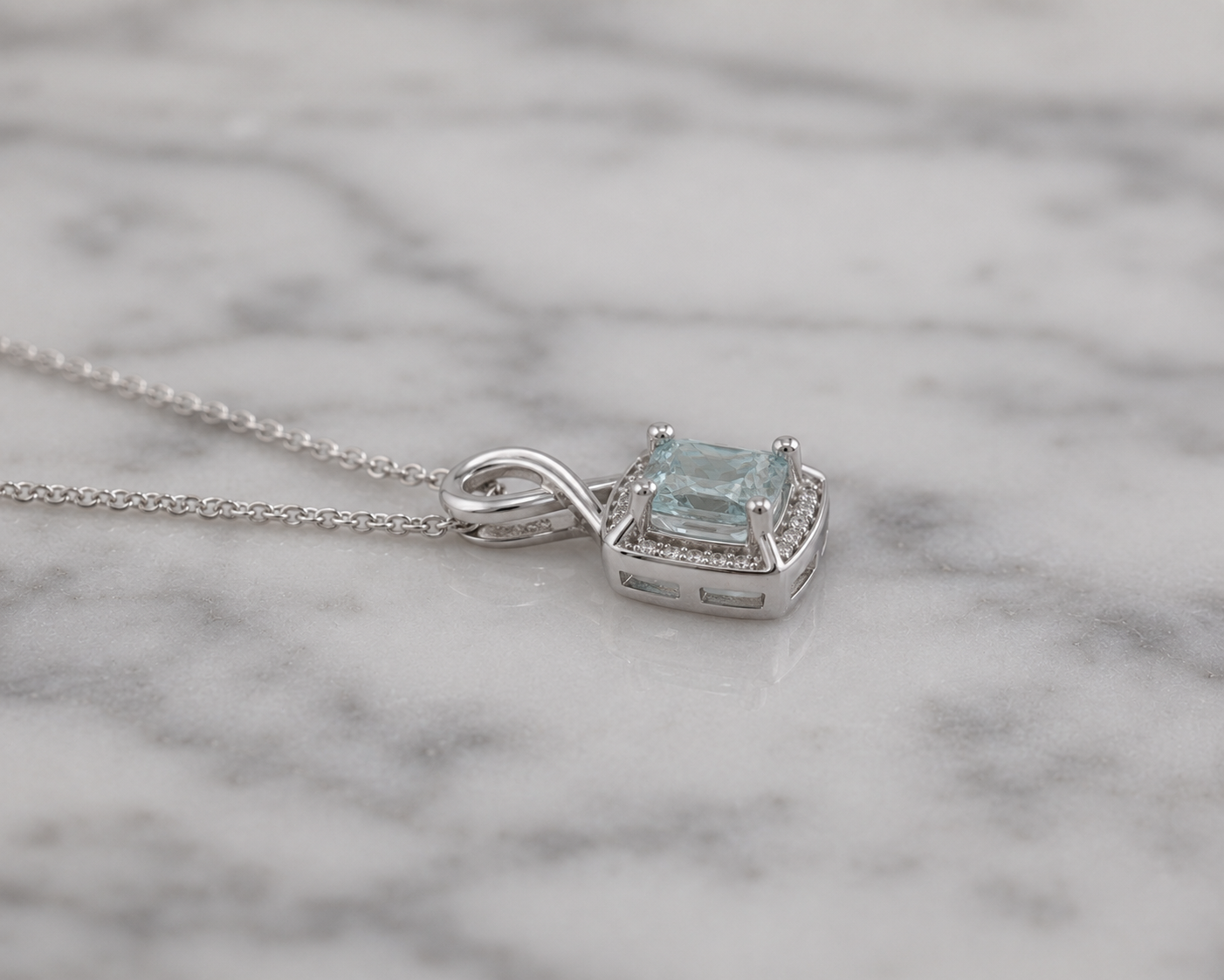 9ct White Gold Aquamarine & Diamond Twist Pendant with Diamond-Cut Curb Chain