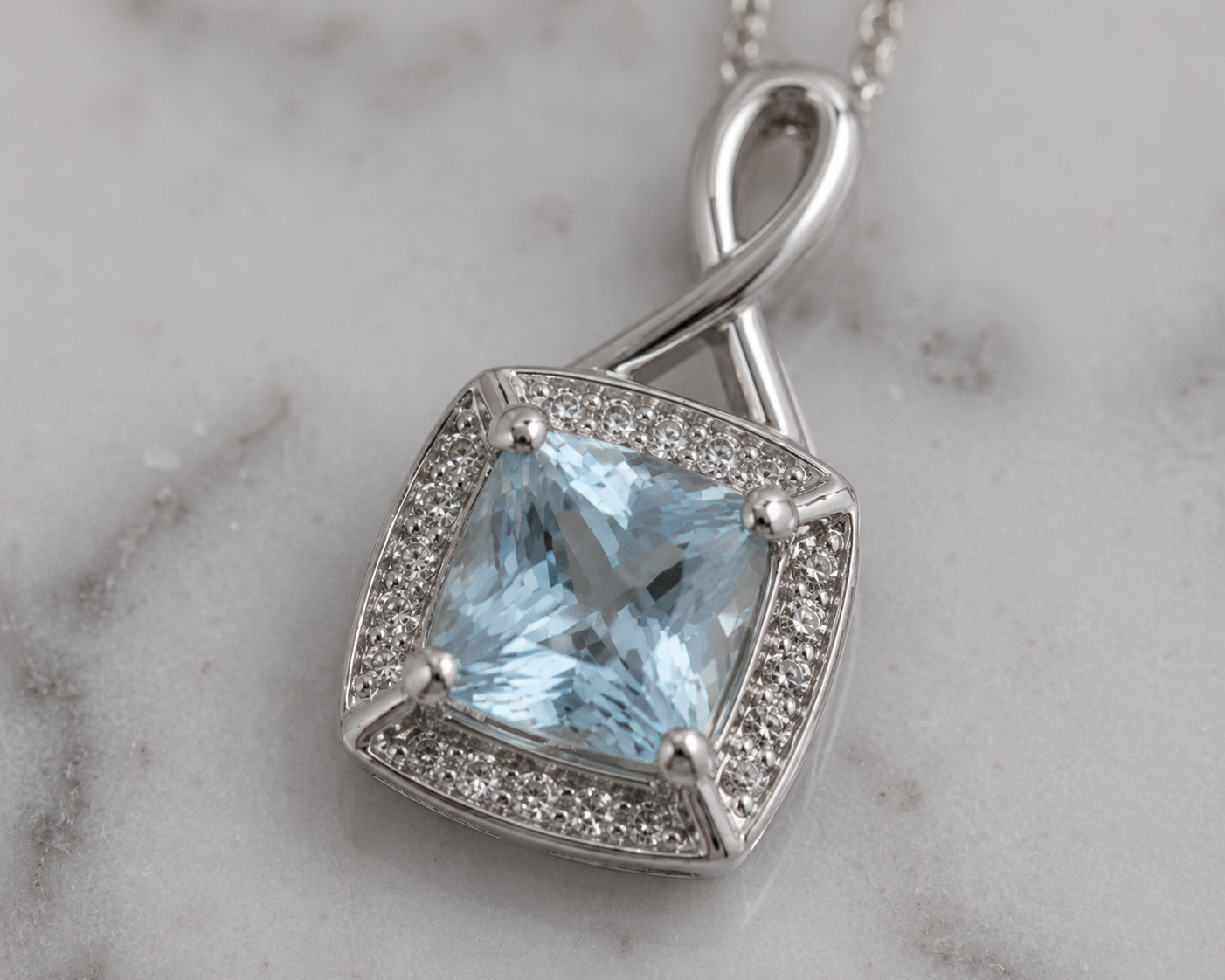 9ct White Gold Aquamarine & Diamond Twist Pendant with Diamond-Cut Curb Chain