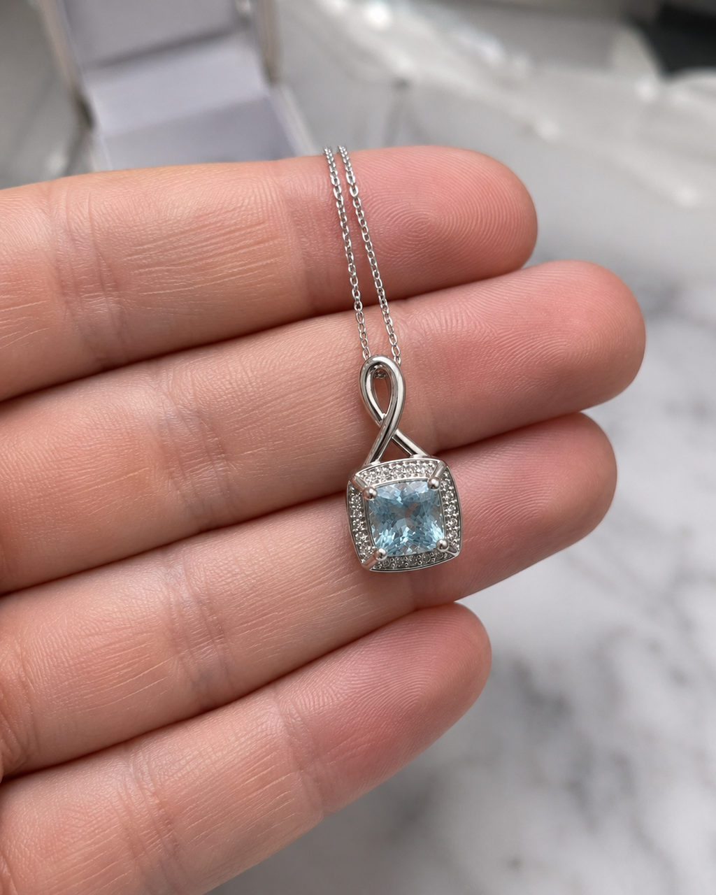 9ct White Gold Aquamarine & Diamond Twist Pendant with Diamond-Cut Curb Chain