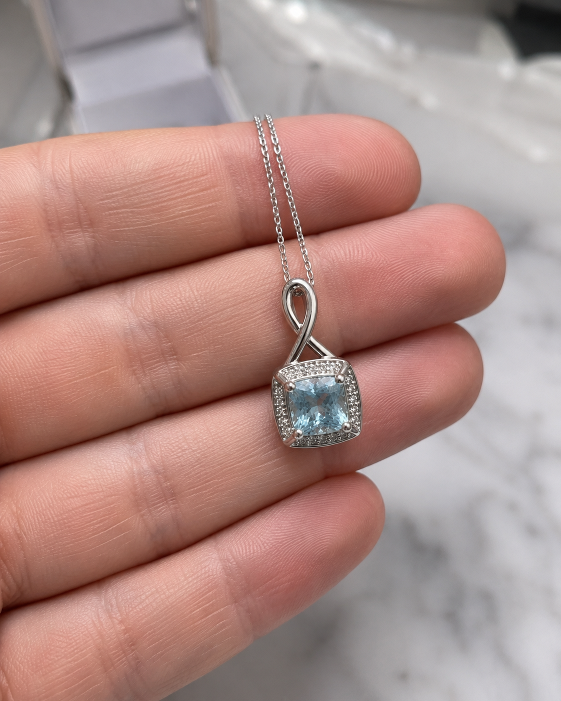 9ct White Gold Aquamarine & Diamond Twist Pendant with Diamond-Cut Curb Chain