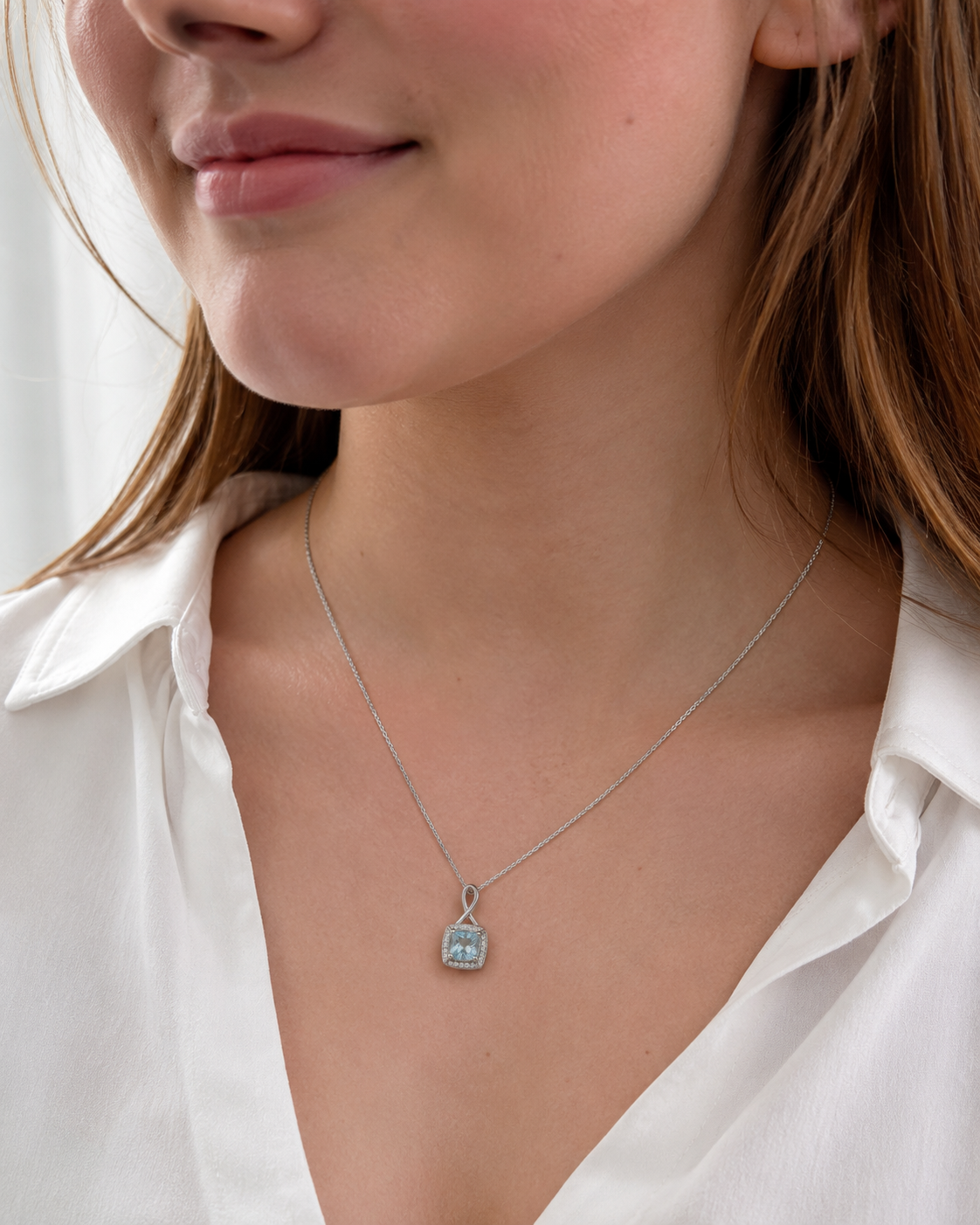 9ct White Gold Aquamarine & Diamond Twist Pendant with Diamond-Cut Curb Chain