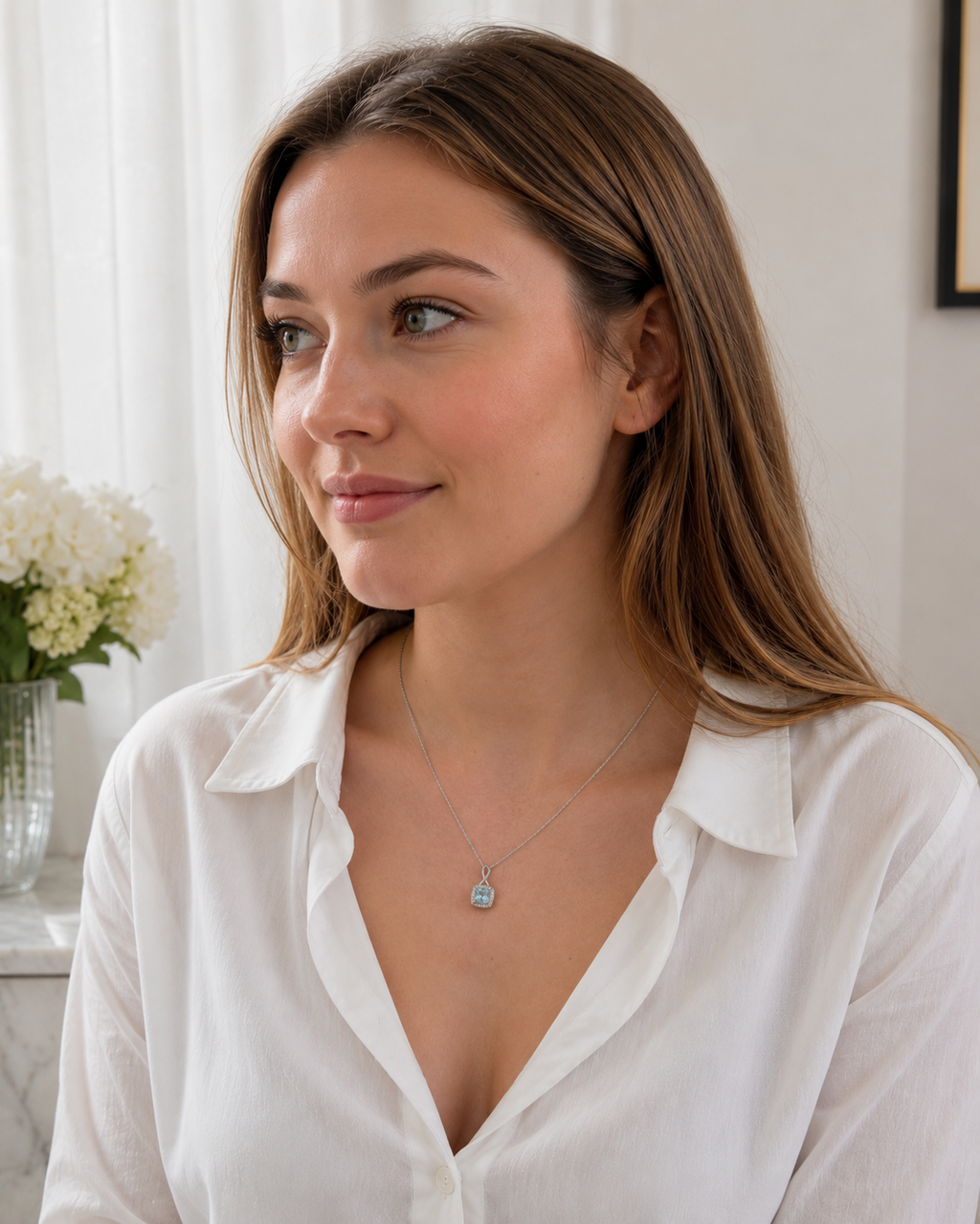 9ct White Gold Aquamarine & Diamond Twist Pendant with Diamond-Cut Curb Chain