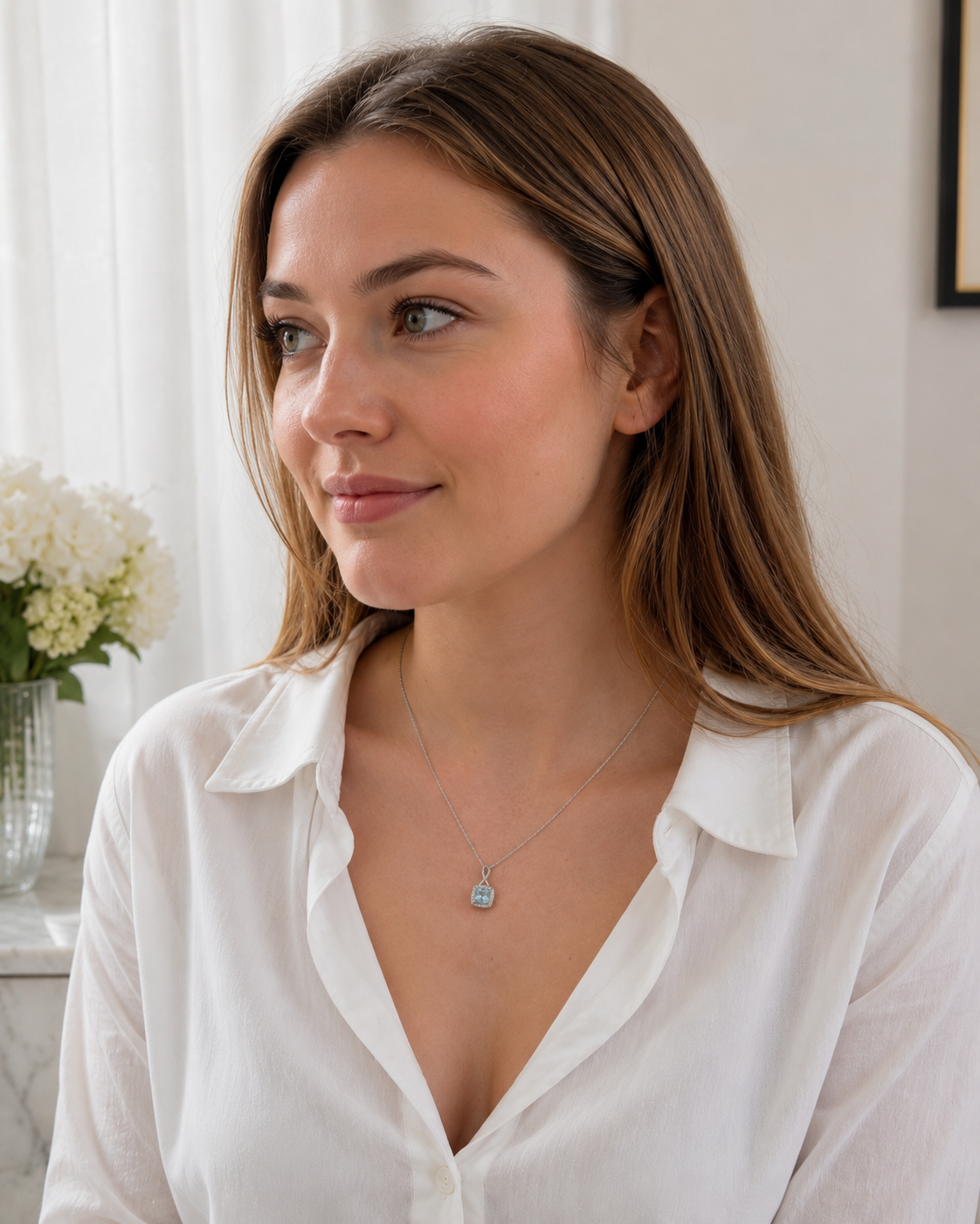 9ct White Gold Aquamarine & Diamond Twist Pendant with Diamond-Cut Curb Chain
