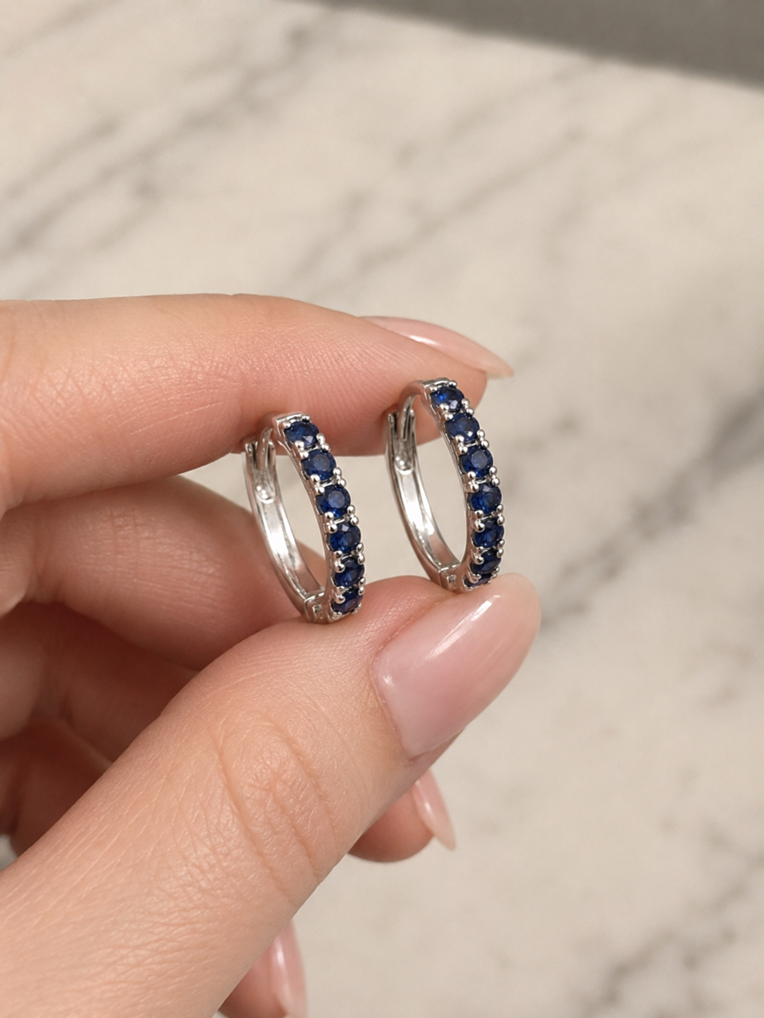 9ct White Gold Blue Sapphire Hoop Earrings