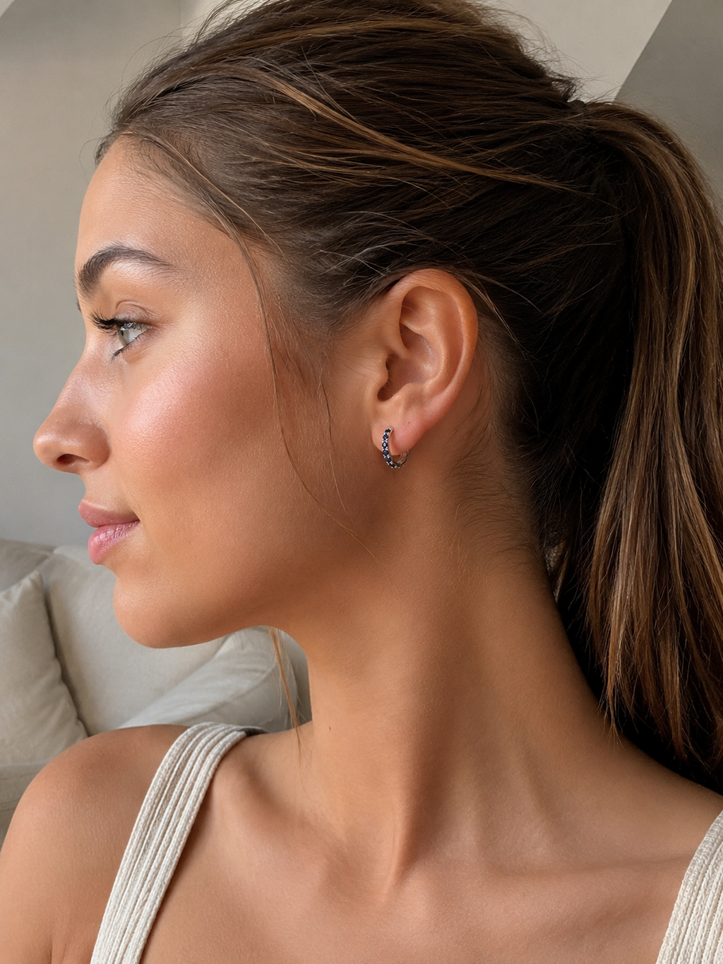 9ct White Gold Blue Sapphire Hoop Earrings
