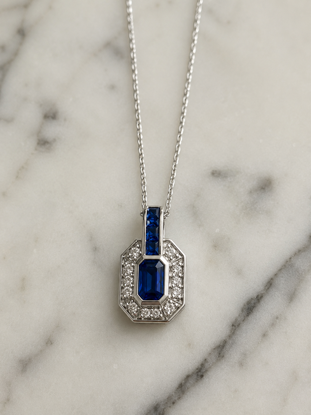 9ct White Gold Sapphire & Diamond Channel Necklace