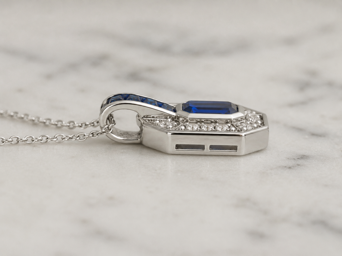 9ct White Gold Sapphire & Diamond Channel Necklace