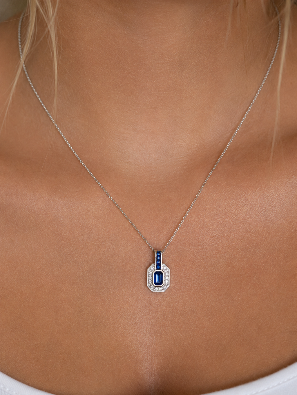 9ct White Gold Sapphire & Diamond Channel Necklace