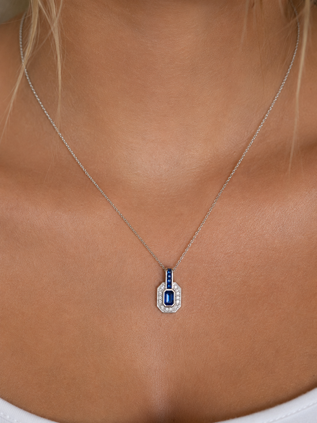 9ct White Gold Sapphire & Diamond Channel Necklace