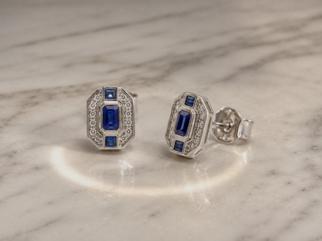 9ct White Gold Sapphire & Diamond Channel Stud Earrings