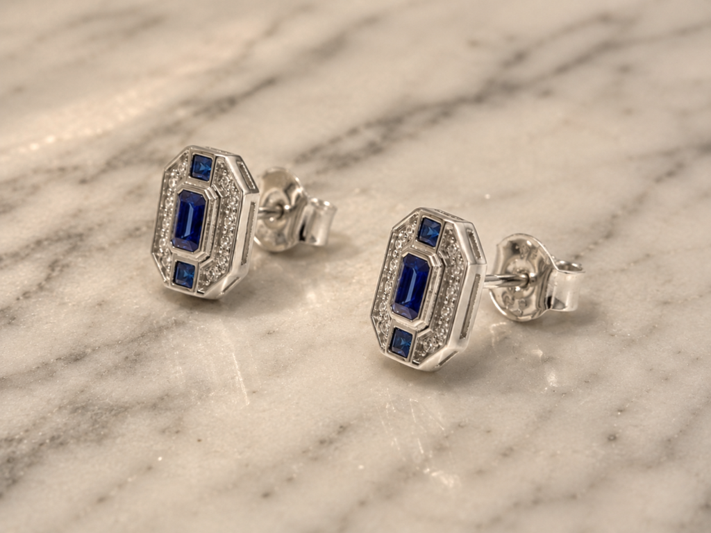 9ct White Gold Sapphire & Diamond Channel Stud Earrings