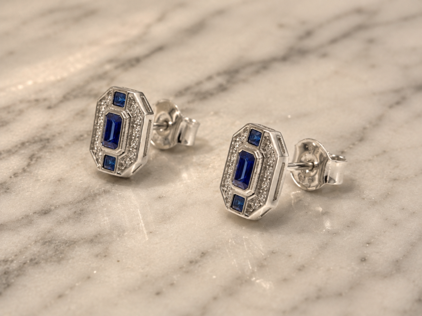 9ct White Gold Sapphire & Diamond Channel Stud Earrings