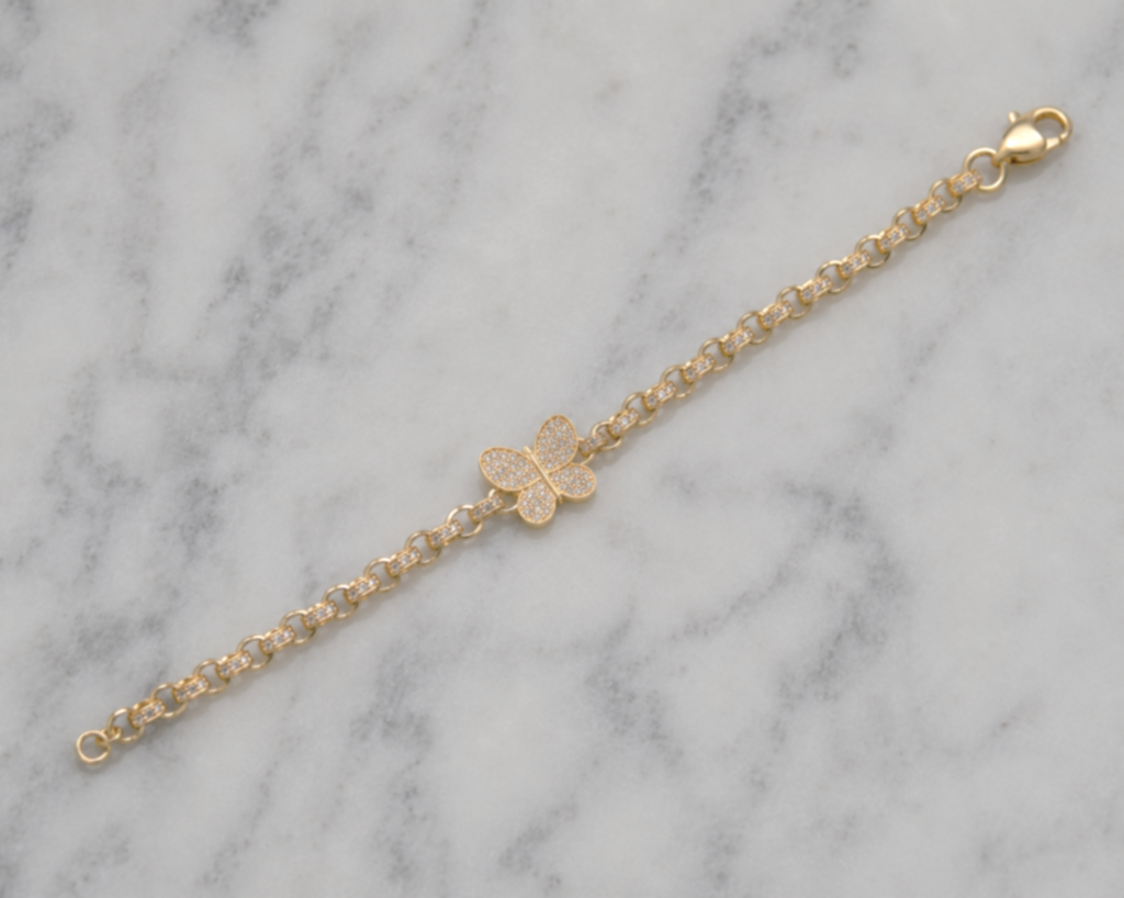 9ct Yellow Gold CZ Butterfly Belcher Baby Bracelet