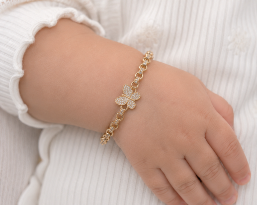 9ct Yellow Gold CZ Butterfly Belcher Baby Bracelet