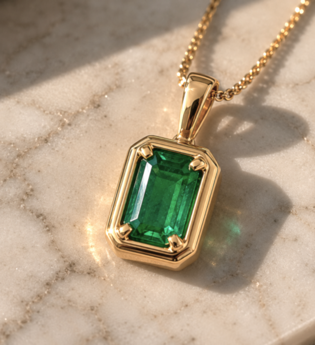 9ct Yellow Gold Emerald Pendant – Chunky Border Design