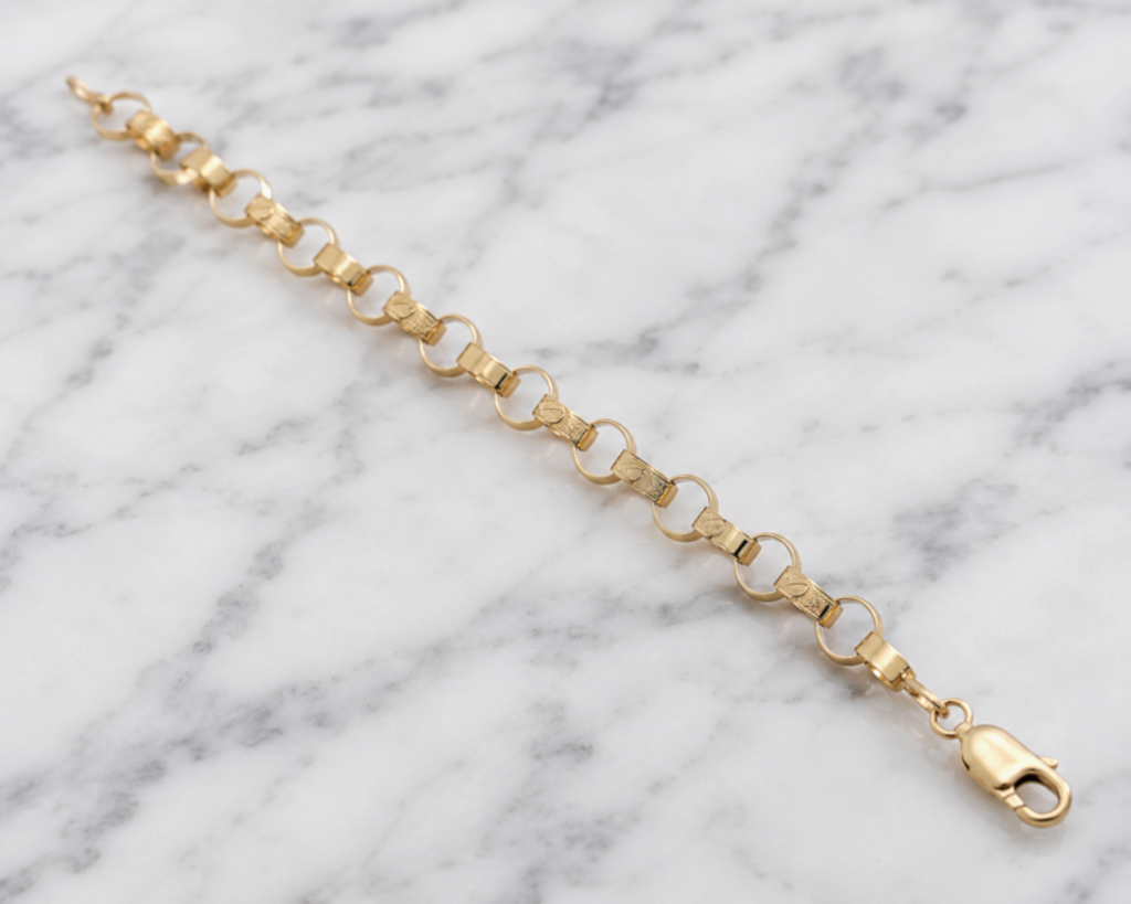 9ct Yellow Gold Engraved & Plain Belcher Bracelet – 6.5
