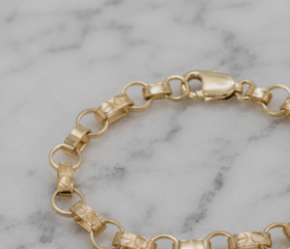 9ct Yellow Gold Engraved & Plain Belcher Bracelet – 6.5