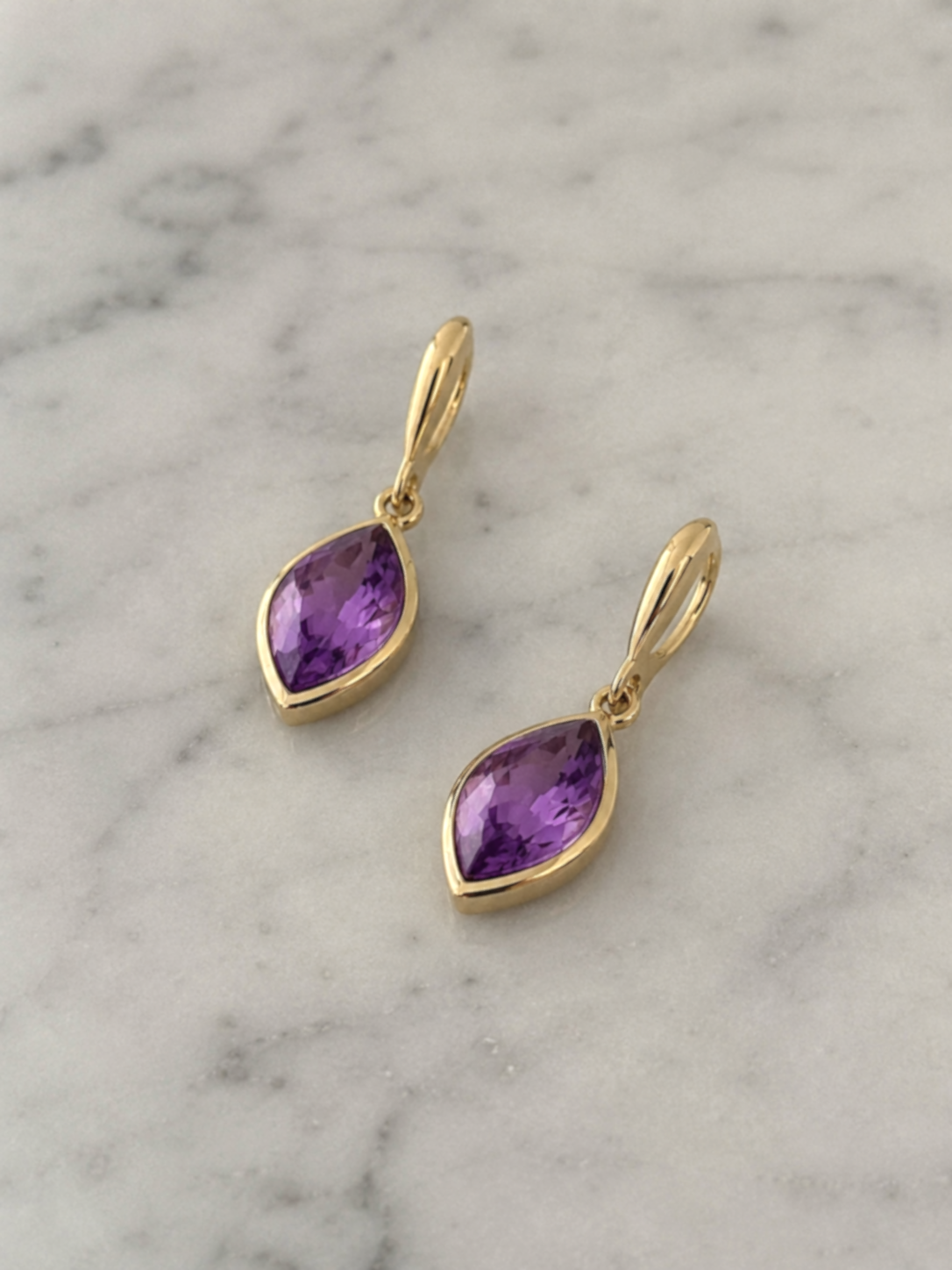 9ct Yellow Gold Flame Cut Amethyst Drop Earrings