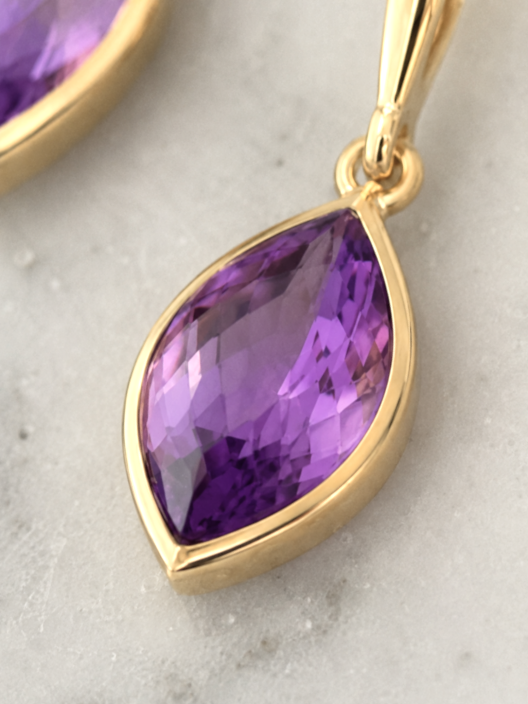 9ct Yellow Gold Flame Cut Amethyst Drop Earrings
